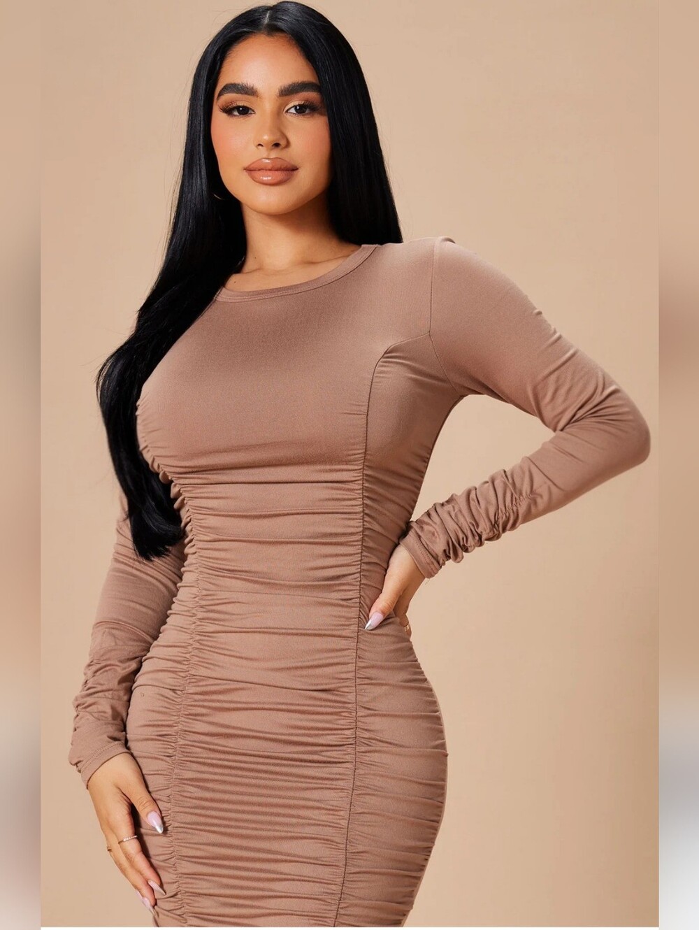 Fashion Nova Taupe Ruched Long-Sleeve Bodycon Dress - Picture 2 of 5